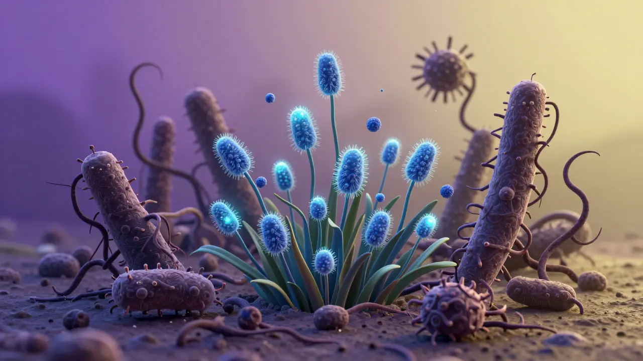 Symbolická zahrada s kladnými a škodlivými bakteriemi, ilustrující rovnováhu mikrobiomu pochvy.