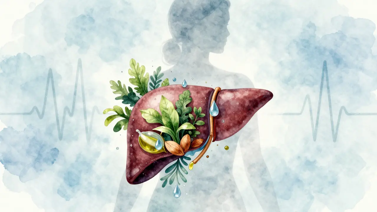 Symbolický obraz jater s přírodními detoxikačními prvky jako zelenina, oříšky a voda.