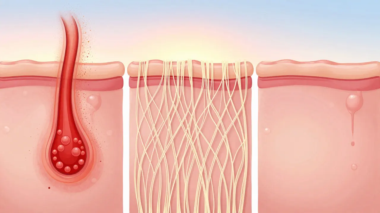 Tři fáze hojení kůže: zánět, tvorba kolagenu a zpevnění nové tkáně