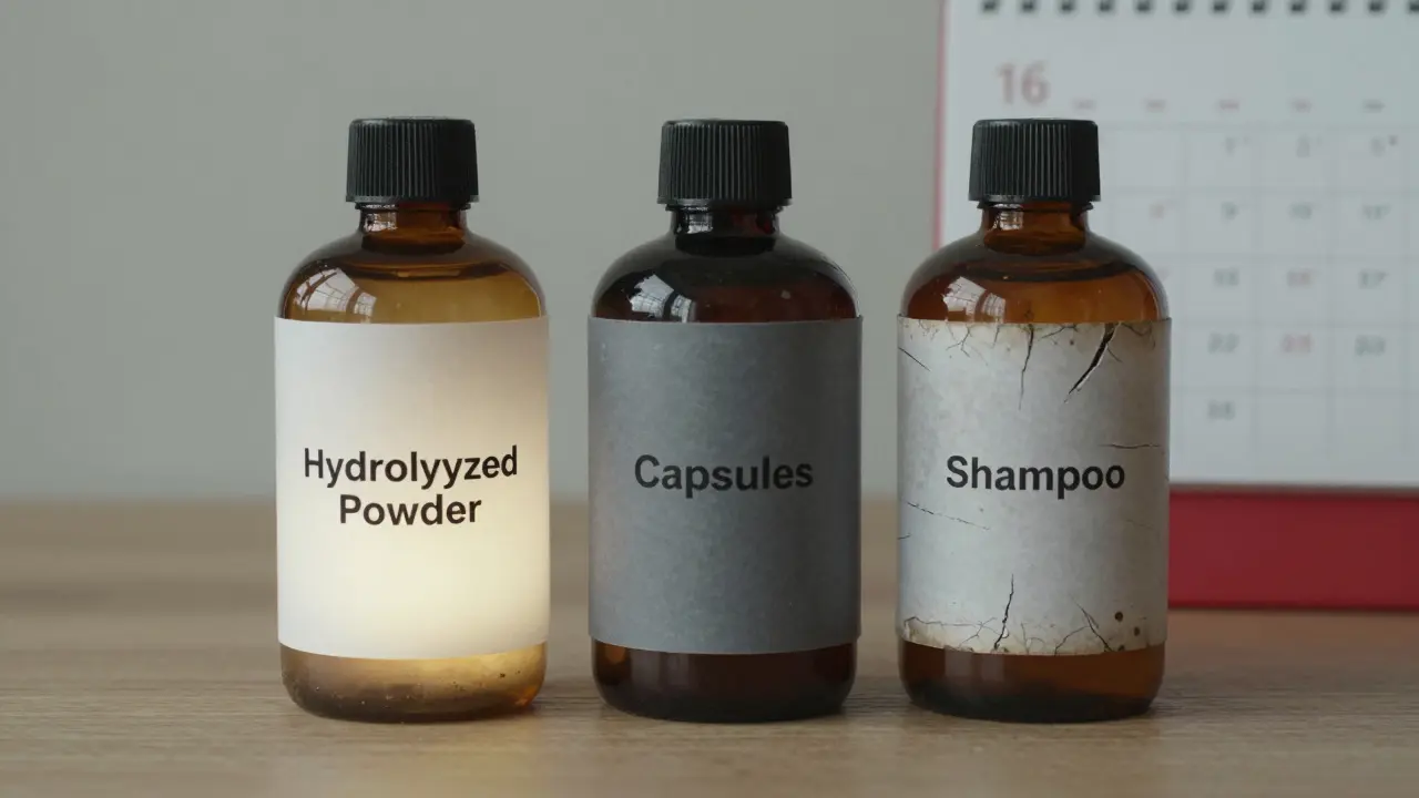 Tři formy doplňků: prášek, kapsle a šampon, s vyznačenou efektivitou.