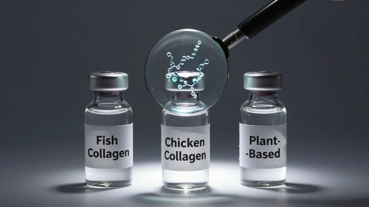 Tři průhledné lahvičky s různými typy kolagenu, přes kterou je zvětšovací sklo ukazující strukturu rybího kolagenu.