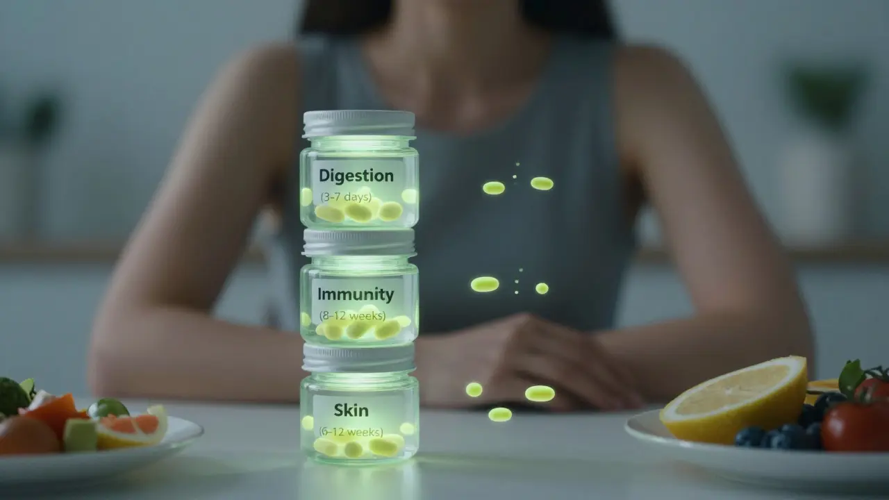 Tři skleněné nádoby s probiotiky označené podle doby účinku na trávení, imunitu a kůži.