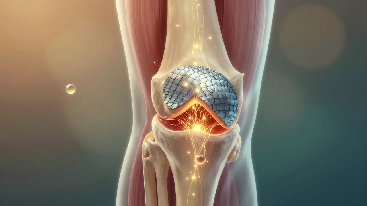 Vnitřní výřez kolenního kloubu, kde se postupně obnovuje chrupavka pomocí rybího kolagenu a synoviální tekutiny.