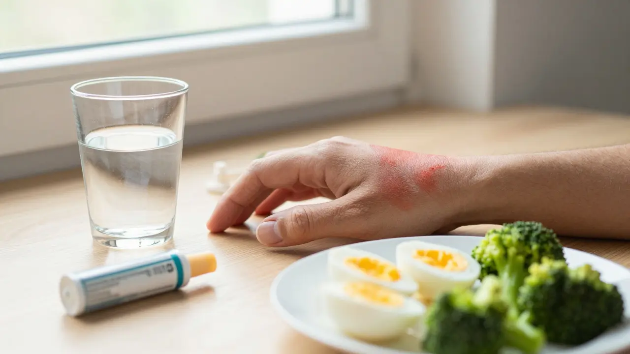 Zahojená rána v osvěžené místnosti s vodou a zdravou stravou