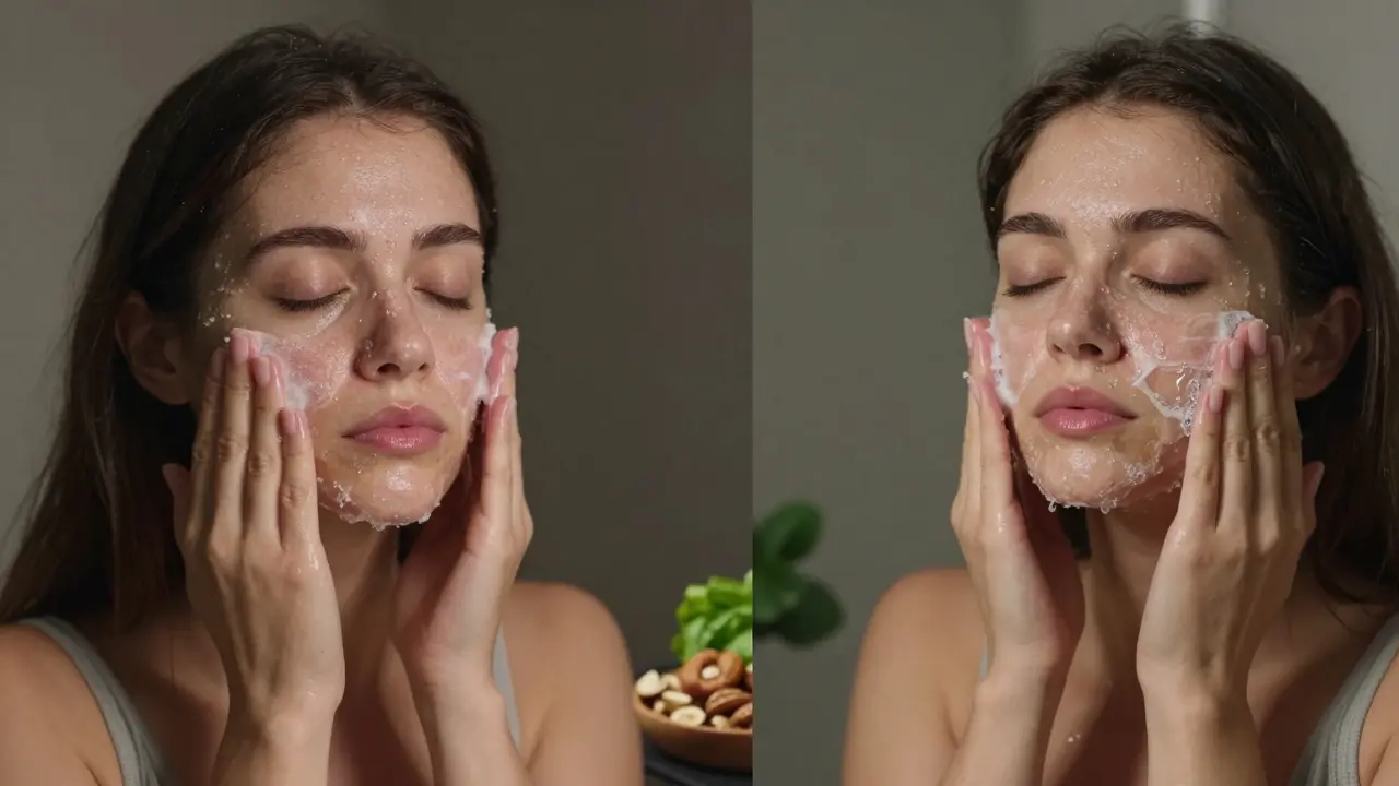 Žena čistí obličej jemným čisticím gelem večer, zatímco znečištění a tuk odcházejí, v pozadí kontrast starých a nových návyků.