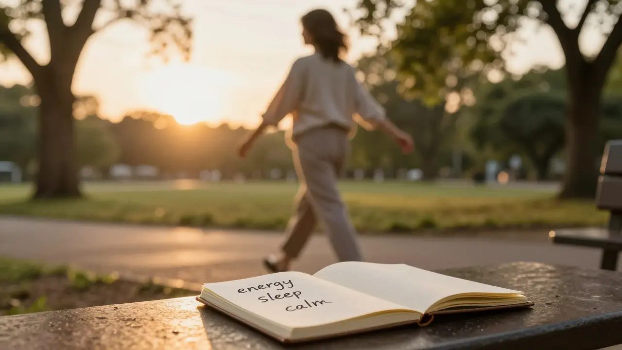 Žena prochází v parku při západu slunce, vedle ní otevřený poznámkový blok.