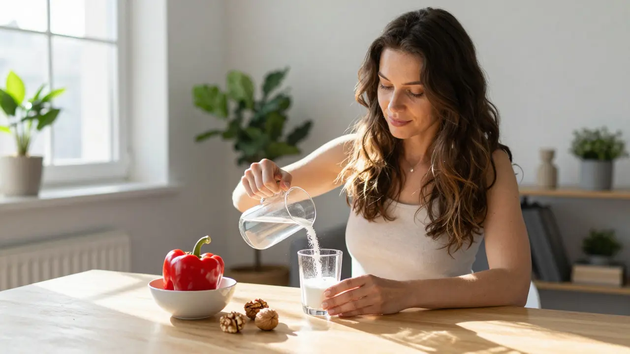 Žena užívající mořský kolagen s vitamínem C a oříšky ráno doma