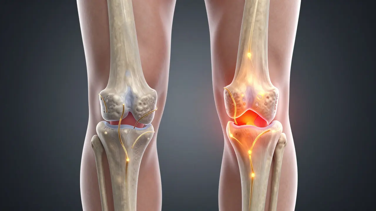 3D ilustrace kolenního kloubu s vyznačenou zánětlivou oblastí a kolagenem