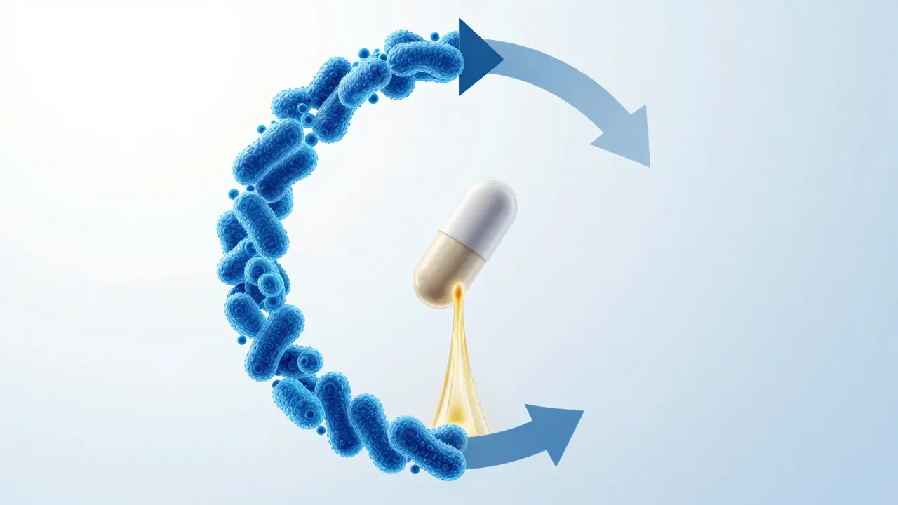 3D vizualizace cyklického užívání probiotik s rozdělením na aktivní fázi a pauzu.