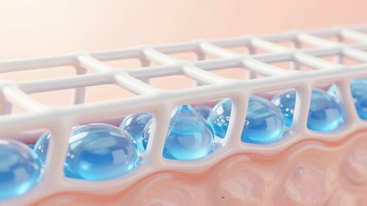 Abstraktní zobrazení kolagenové struktury a hydratace pleti pomocí hyaluronátu.