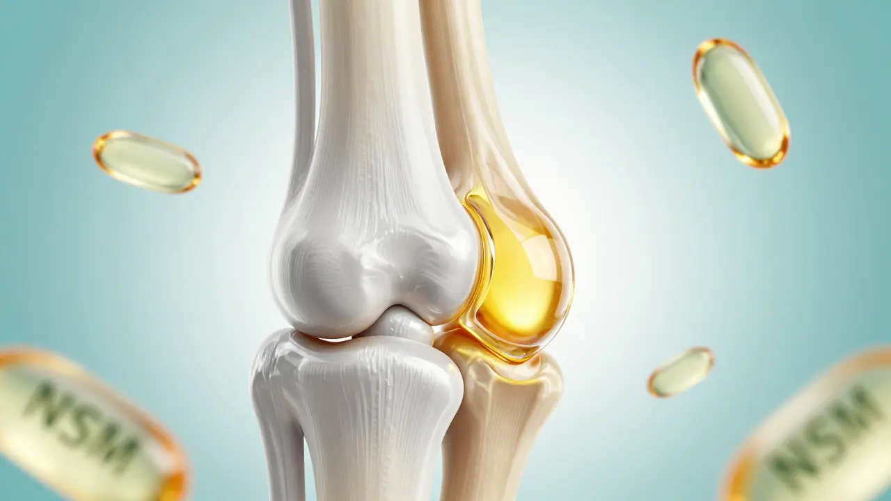 Abstraktní zobrazení kolagenu a hyaluronové kyseliny jako maziva pro klouby.