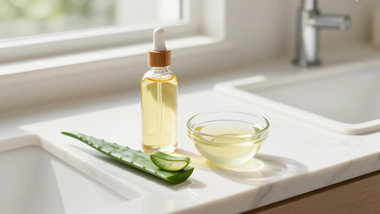 Arganový olej, kokosový olej a aloe vera na mramorovém povrchu v koupelně.