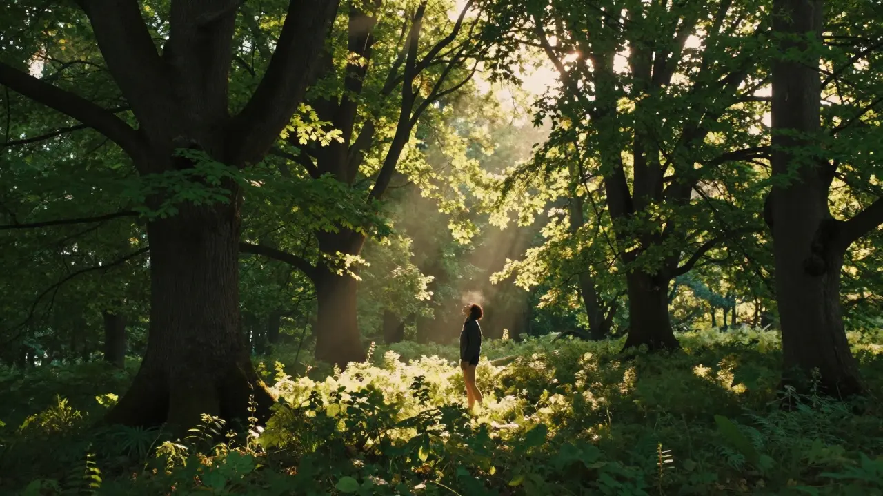 Člověk procházející hustým zeleným lesem v zapadajícím slunci pro regeneraci mysli a těla.