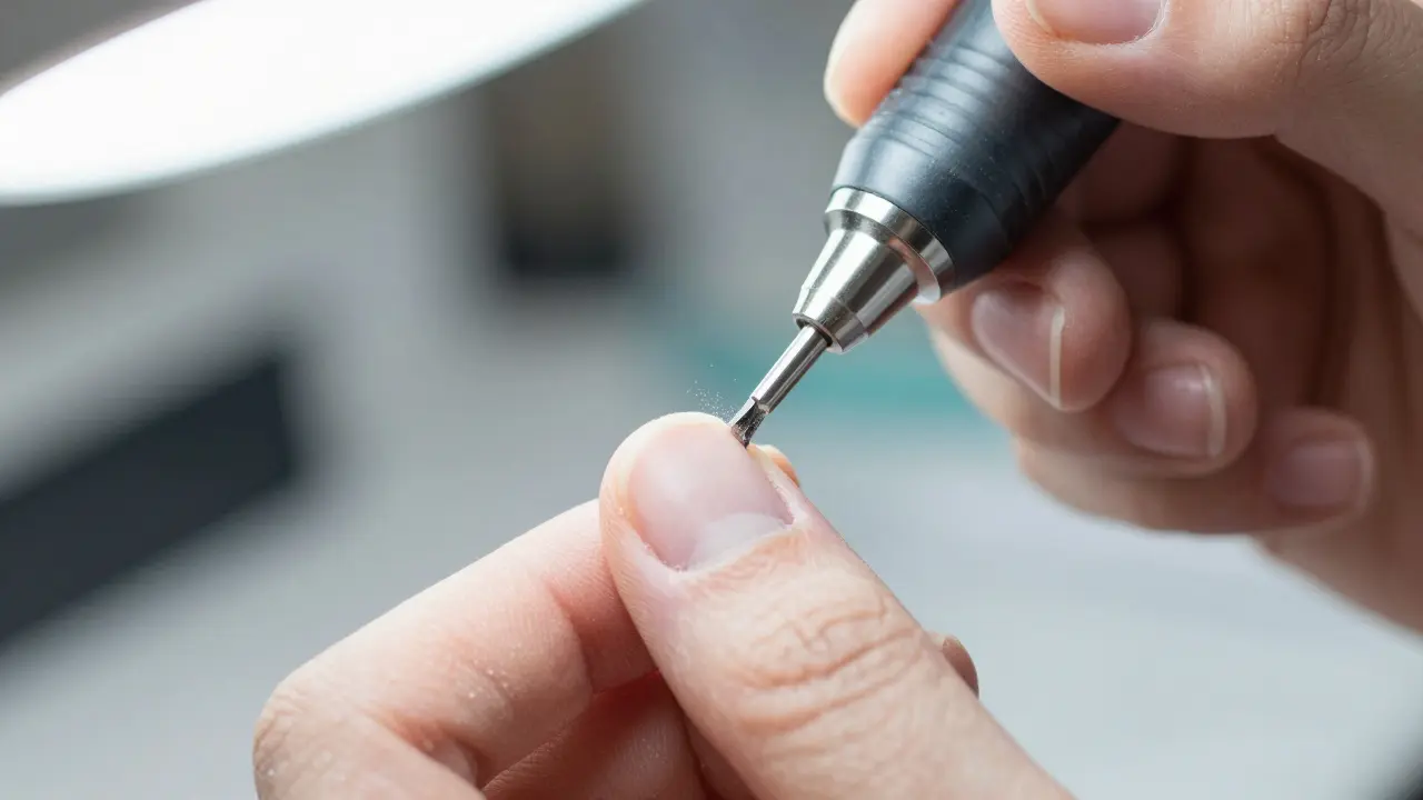 Detailní pohled na čištění kůžičky pomocí elektrické frézky při ruské manikúře.