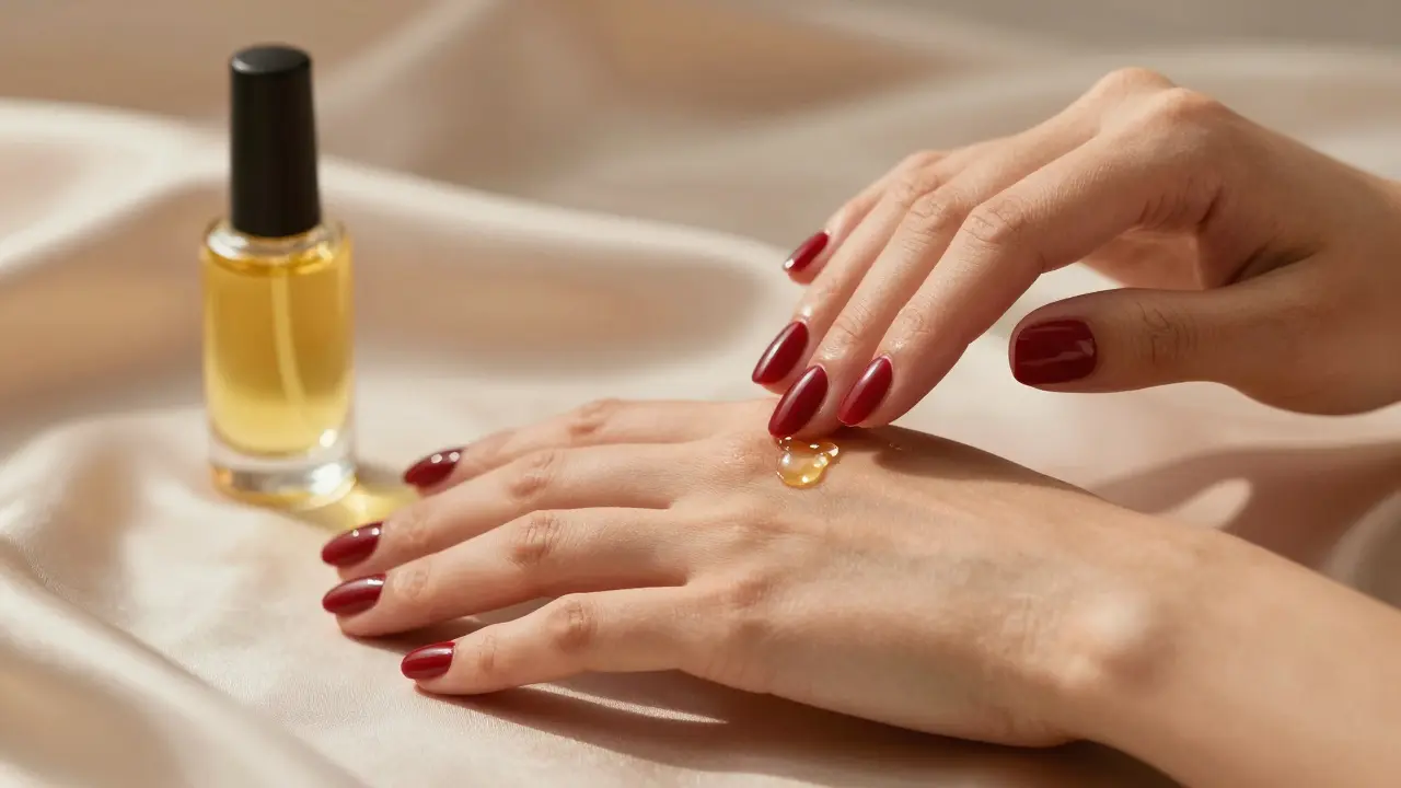 Elegantní červené gelové nehty s aplikací hydratačního oleje na kůžičky.