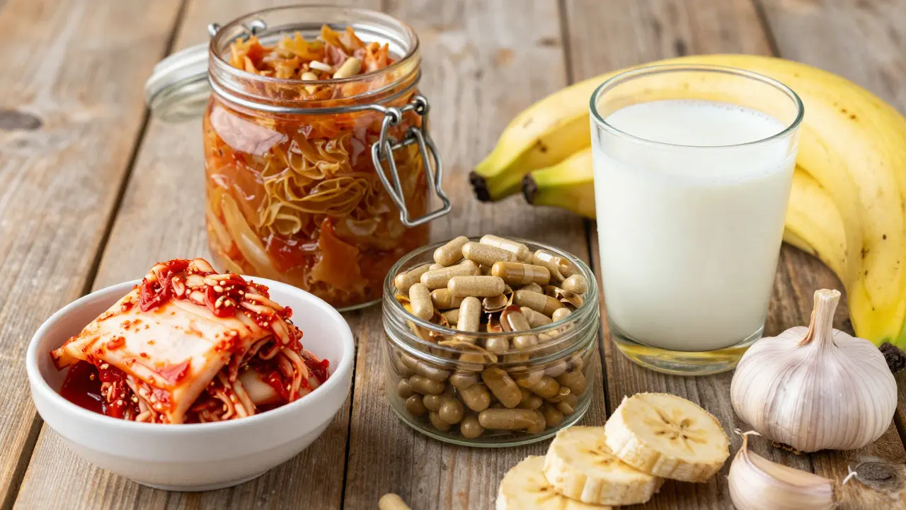 Kolekce fermentovaných potravin jako kimchi, kysané zelí a kefir na dřevěném stole.