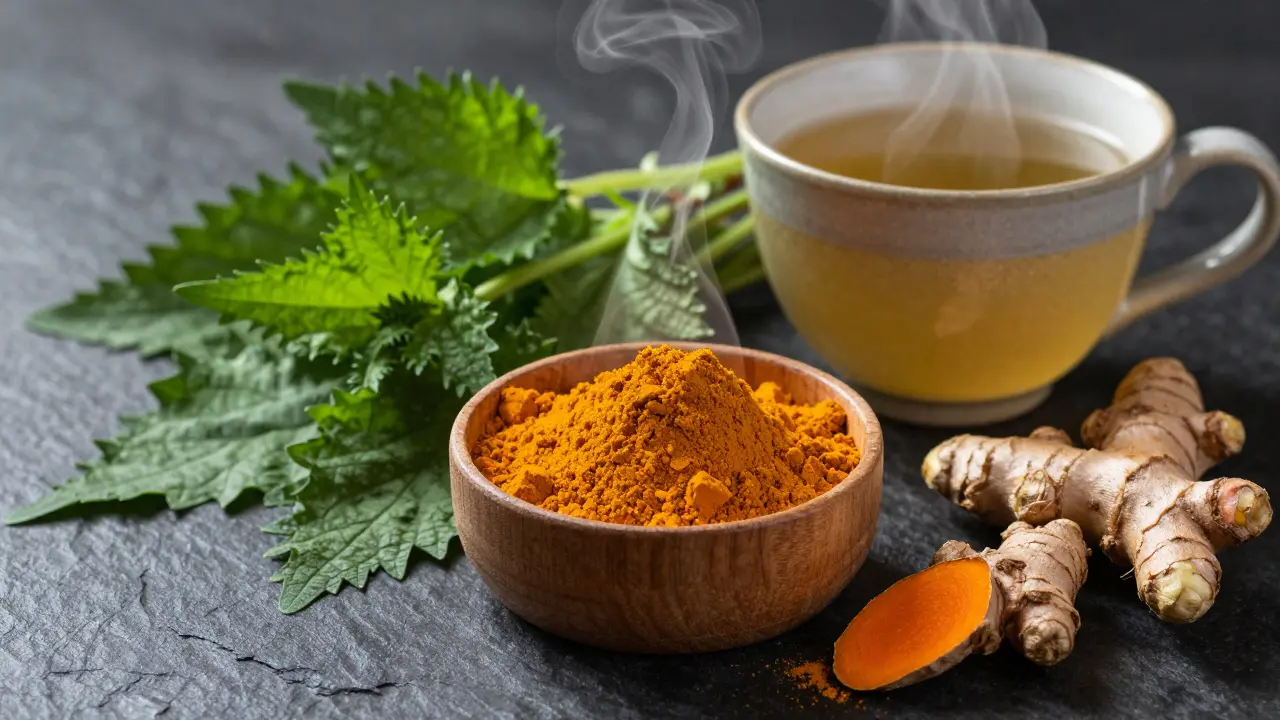 Kompozice bylin pro detox: kurkuma, kopřivové listy a čerstvý zázvor na tmavém kameni.