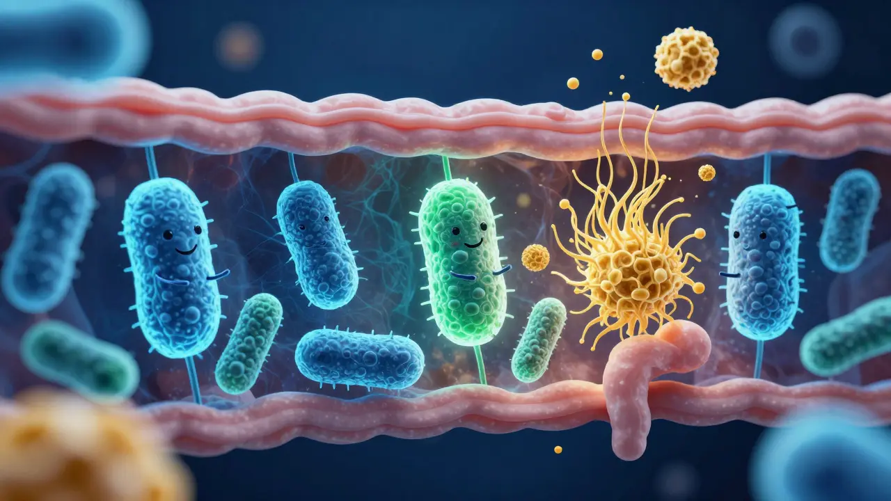 Konceptuální 3D ilustrace probiotických bakterií a prebiotické vlákniny ve střevě.