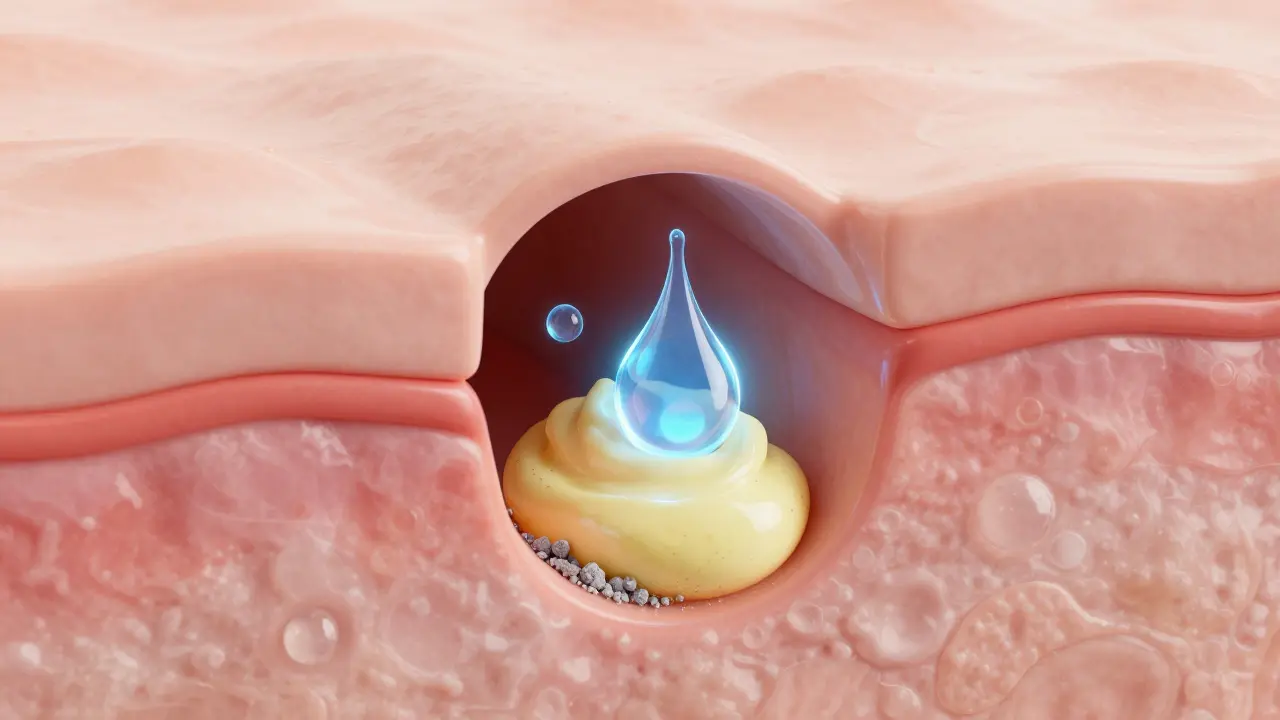 Konceptuální 3D schéma póru, kde BHA kyselina rozpouští zátku z mazu.