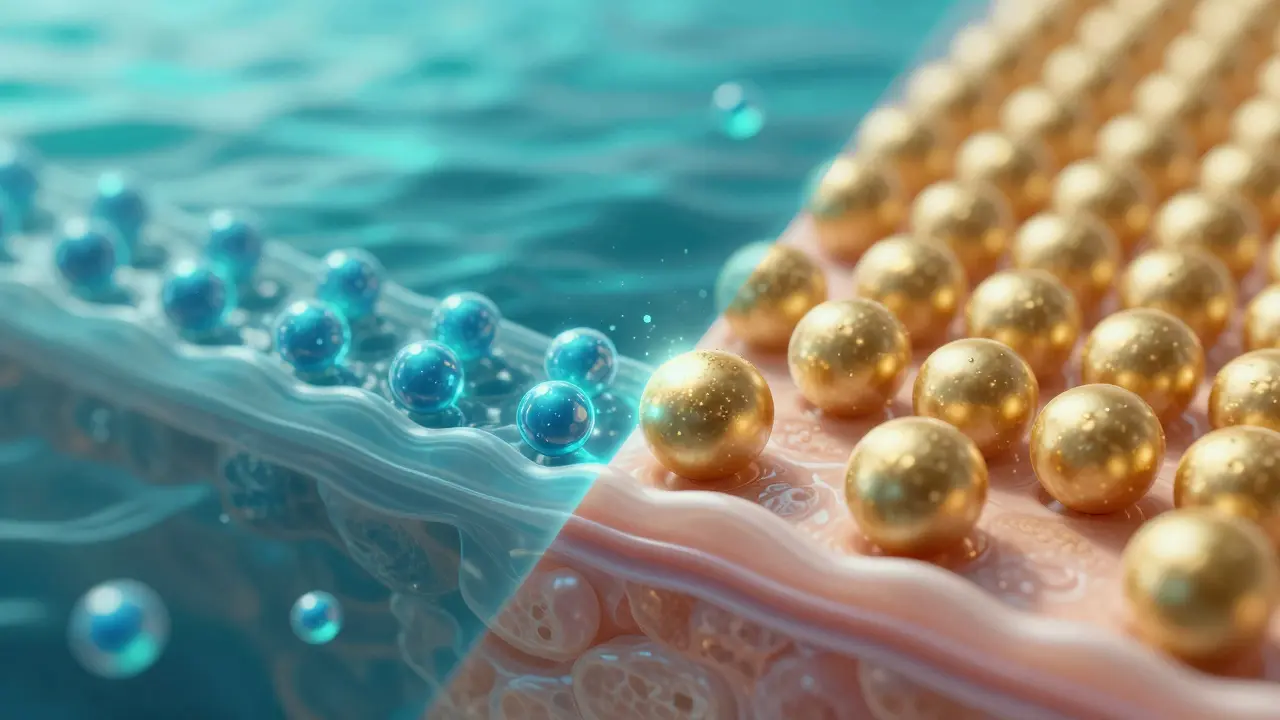 Konceptuální 3D vizualizace srovnání vstřebatelnosti mořského a hovězího kolagenu.