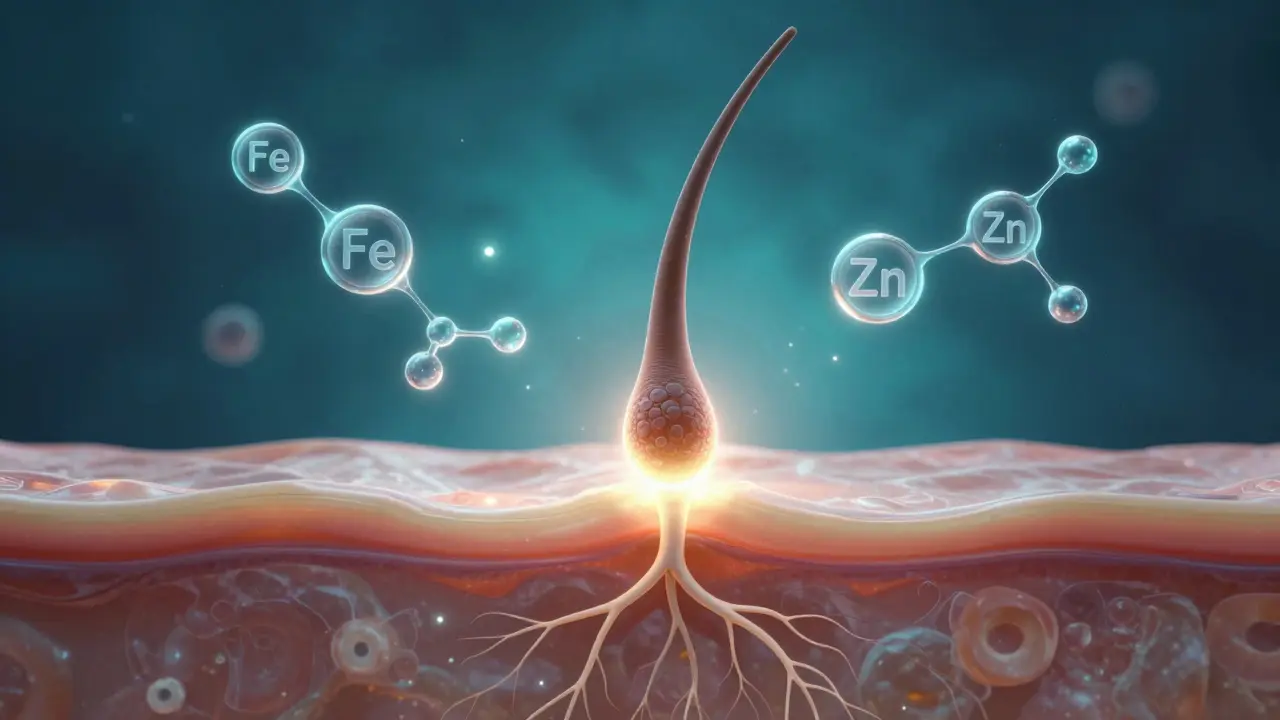 Konceptuální obraz vlasového folikulu obklopeného minerály železa a zinku.