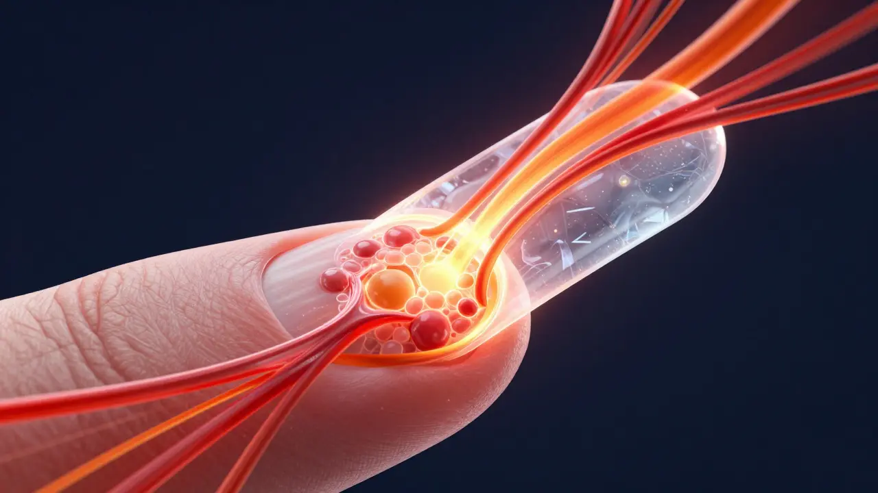 Konceptuální schéma nehtové matrice s proudící krví a tvorbou keratinu.