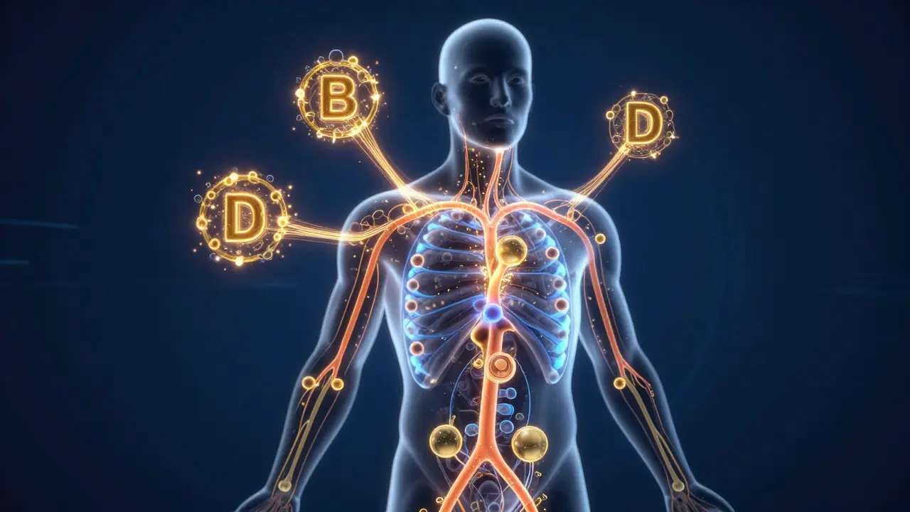 Konceptuální vizualizace vitamínů a metabolismu v lidském těle.
