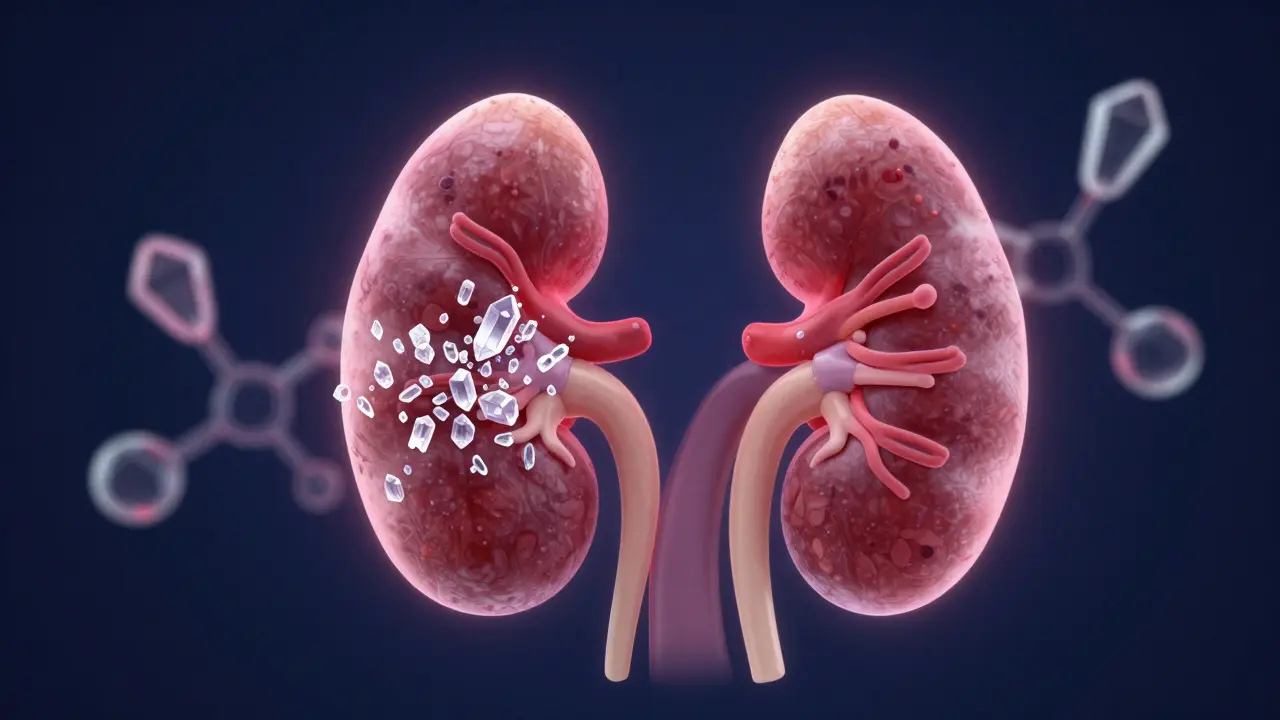 Konceptuální znázornení tvorby krystalů a kamínků v ledvinách.