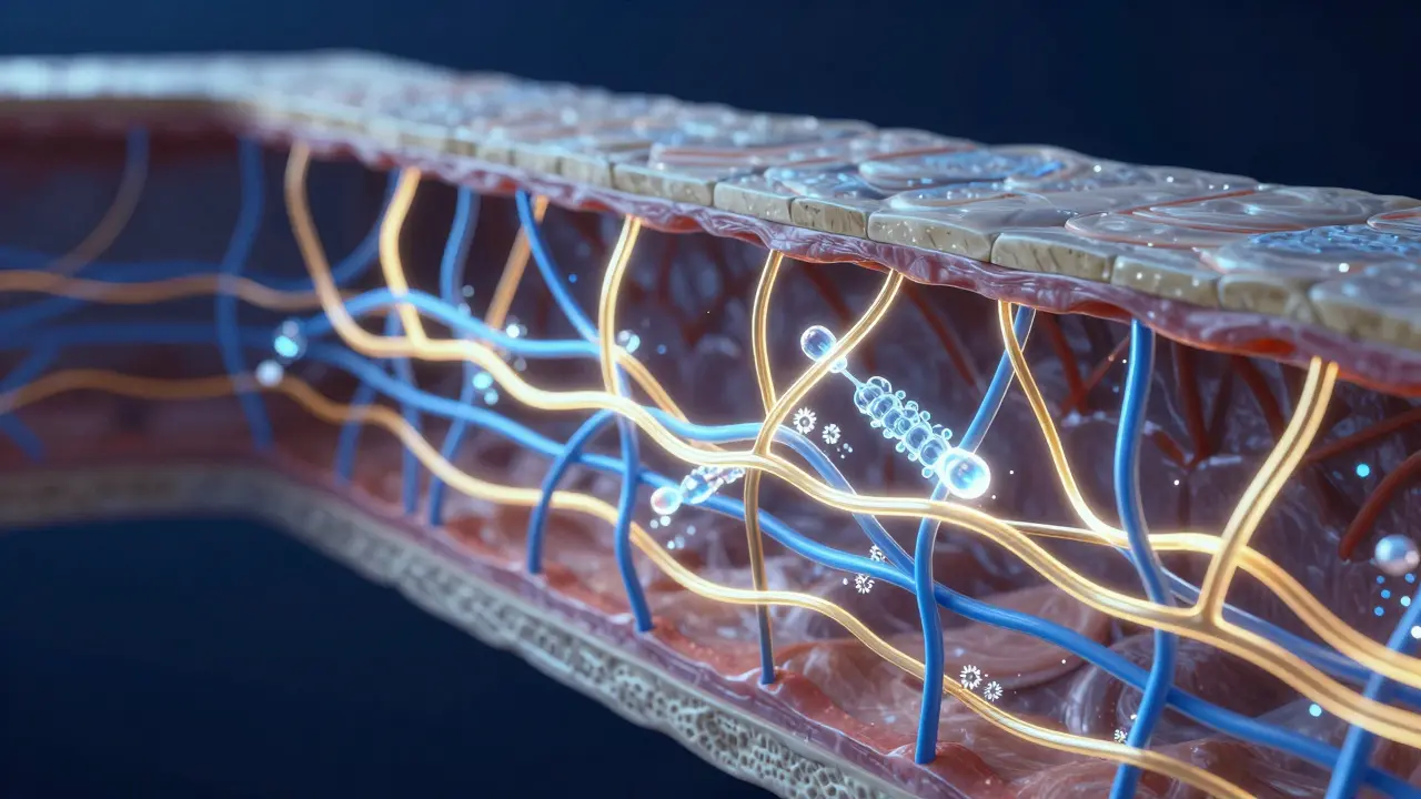 Konceptuální zobrazení kolagenových vláken v hlubší vrstvě kůže.