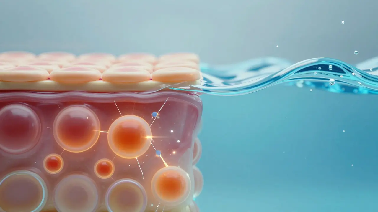 Konceptuální zobrazení obnovy pH pleti pomocí hydratačního tonika.