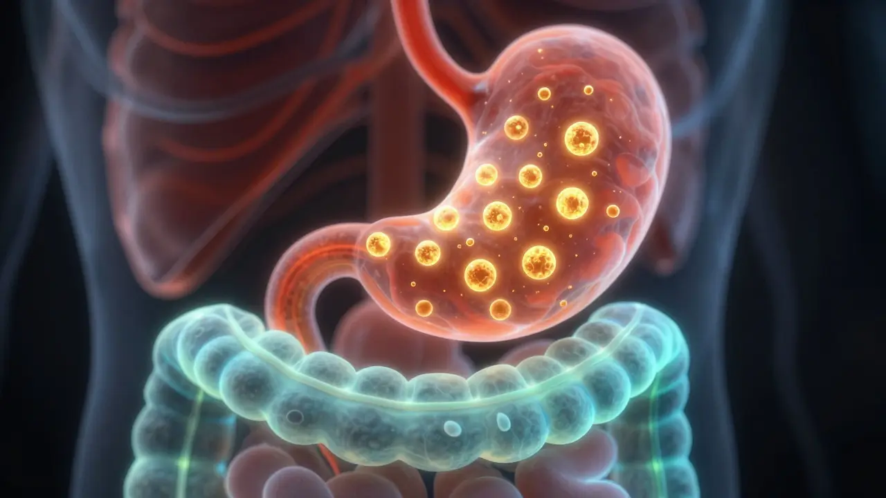 Konceptuální zobrazení probiotik putujících z žaludku do tlustého střeva.