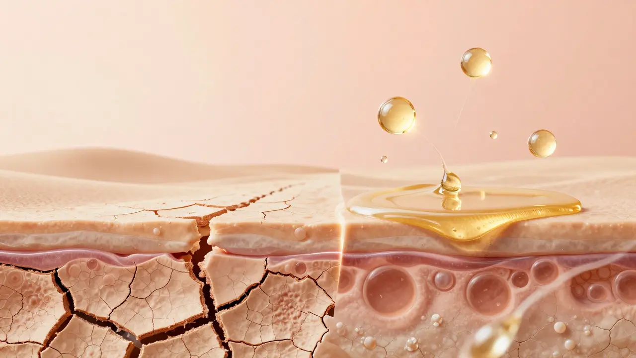 Konceptuální zobrazení suché pleti a obnovy lipidové bariéry.