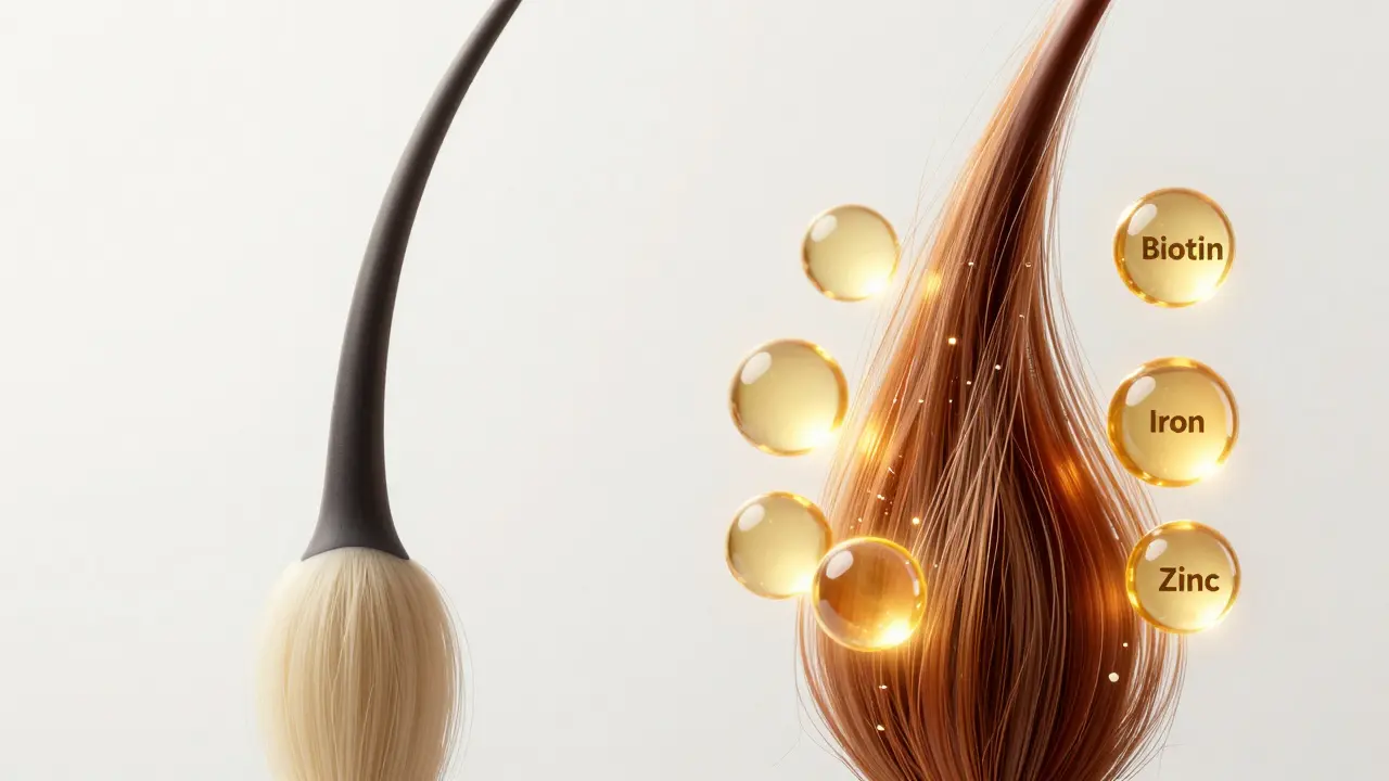 Konceptuální zobrazení vlasového folikulu a doplňků stravy jako biotin a zinek