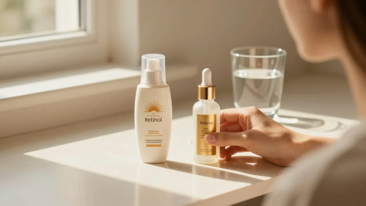 Kosmetika pro péči o pleť, SPF filtr a sérum na toaletním stolku.