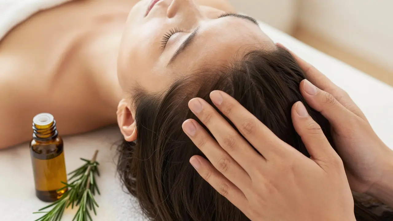 Masáž pokožky hlavy s rozmarýnovým olejem pro růst vlasů