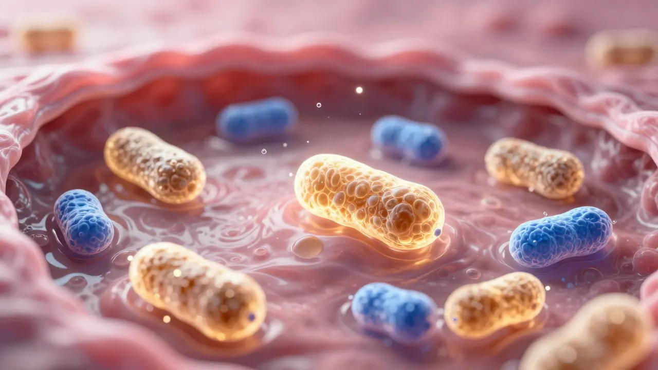 Mikroskopická 3D ilustrace prospěšných laktobacilů v hydratovaném prostředí.