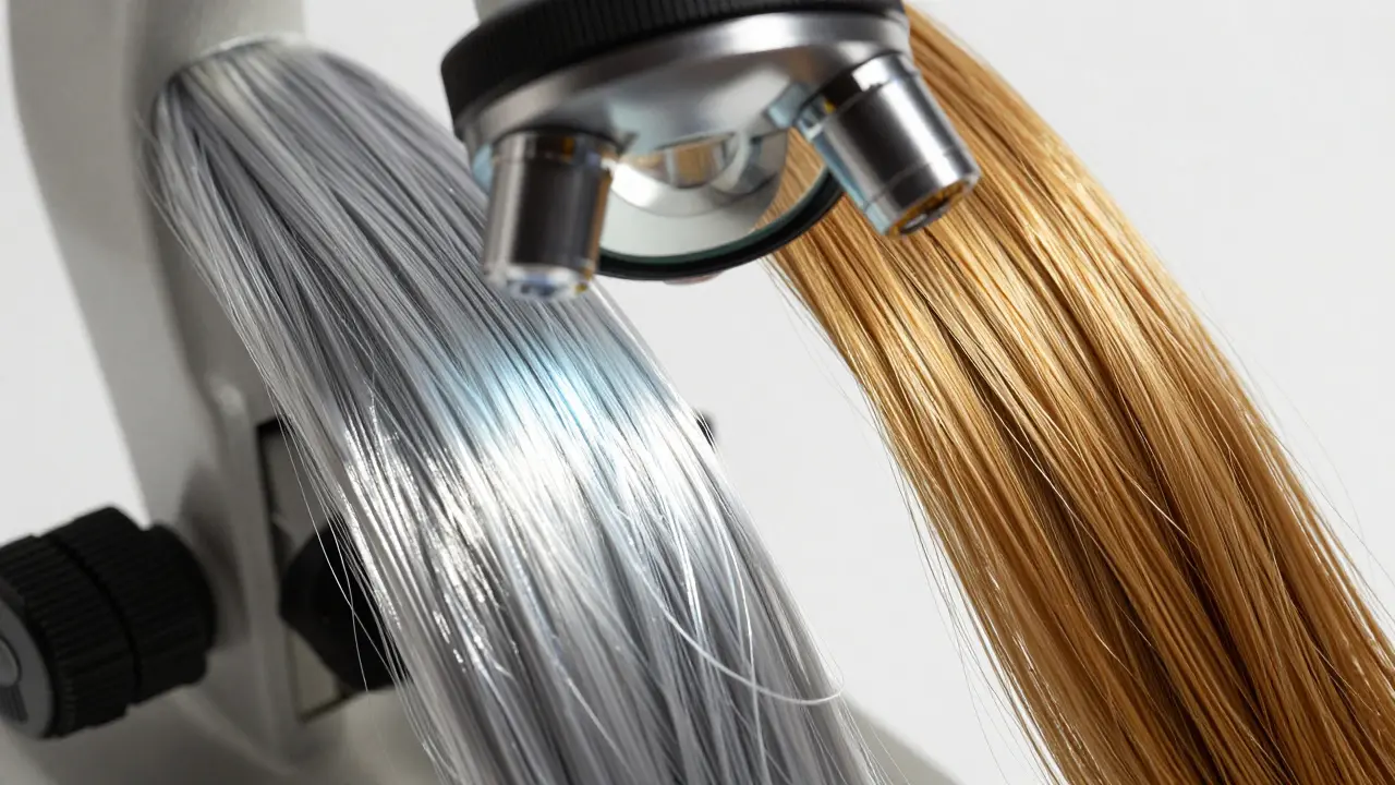 Mikroskopický pohled na vlasové vlákno obalené syntetickým silikonovým filmem.