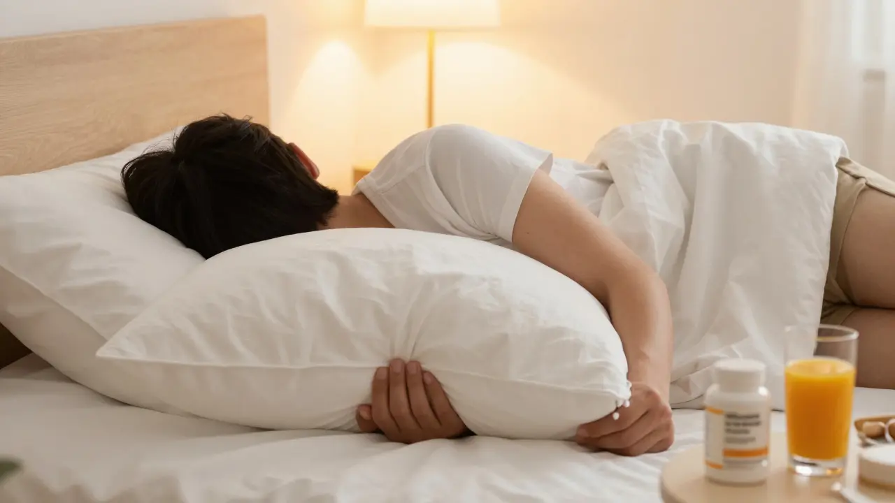 Osoba spící na boku s polštářem mezi koleny pro úlevu od bolesti