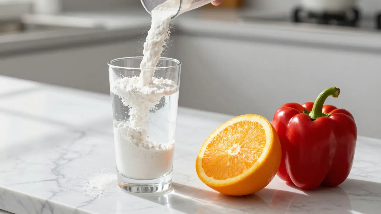 Práškový kolagen míchaný ve vodě vedle plátku pomeranče a papriky.