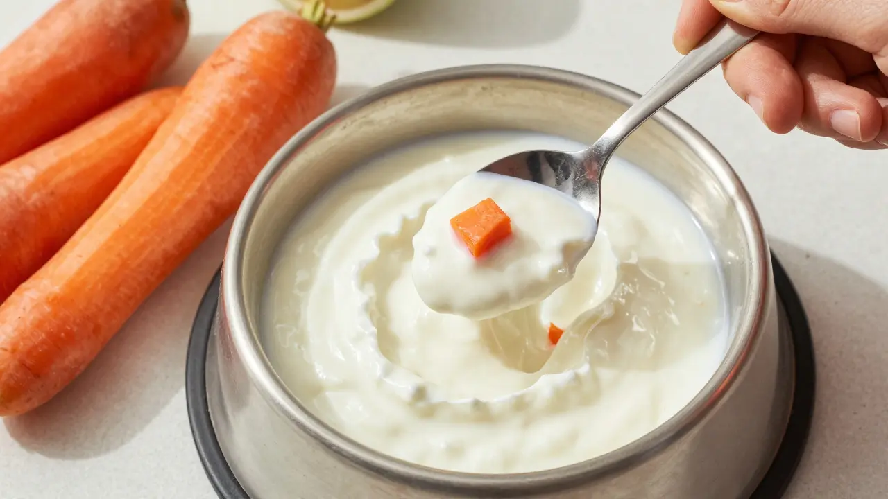 Přidávání kefiru a mrkve do psího krmiva pro podporu trávení.