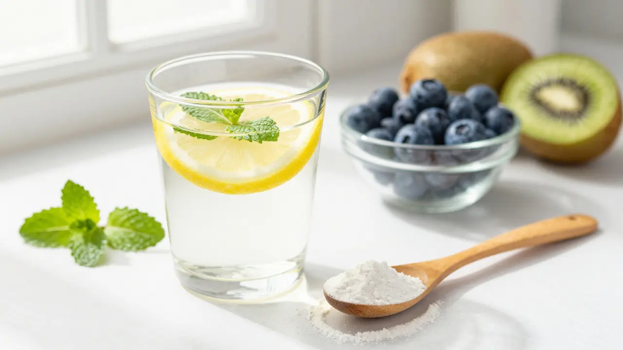 Ranní rituál s hydrolyzovaným kolagenem, citronem a čerstvým ovocem pro podporu syntézy vitamínu C.