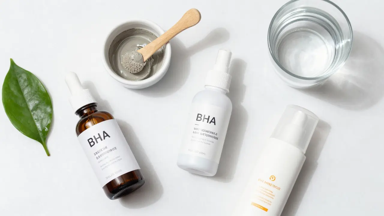 Sada kosmetiky pro péči o pleť: BHA sérum, hliněná maska a SPF krém.