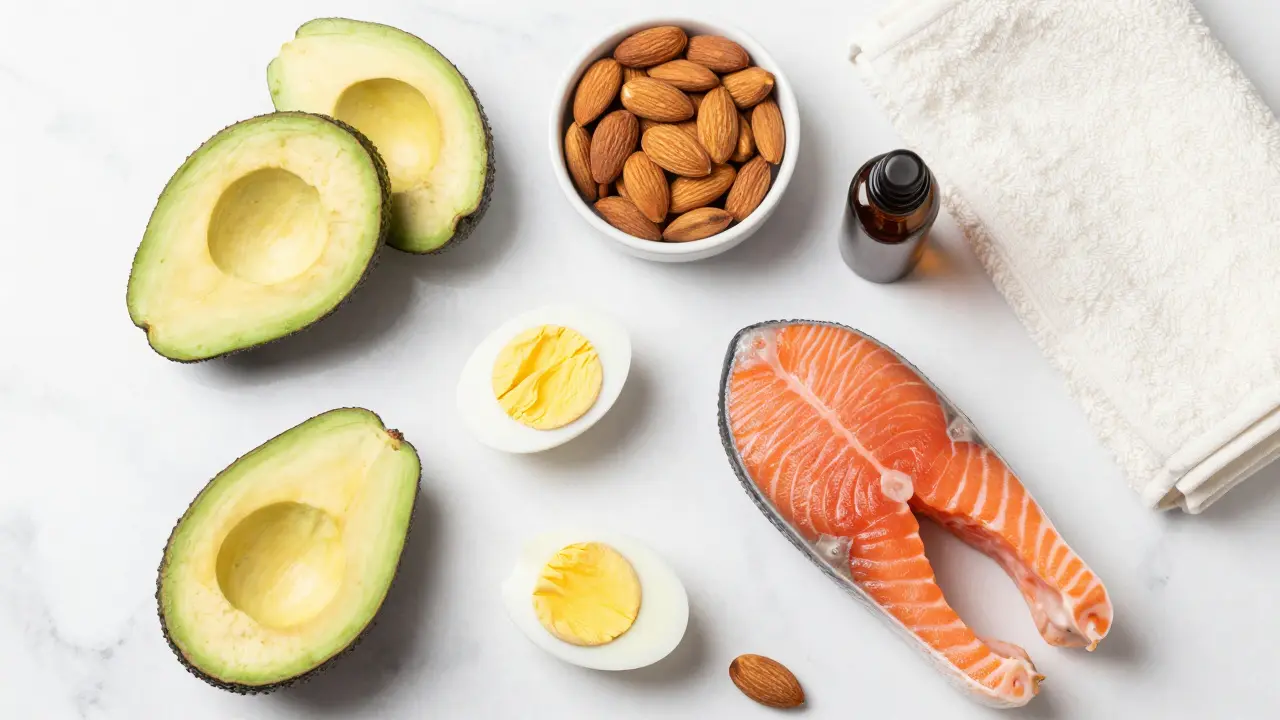 Sada zdravých potravin jako avokádo a ořechy vedle oleje na nehty.