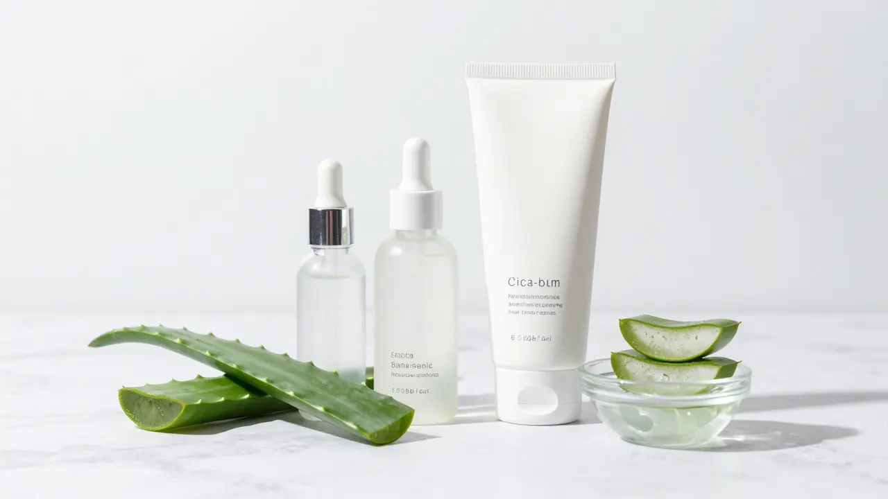Sada zklidňujících kosmetických produktů s aloe vera a Centella asiatica.