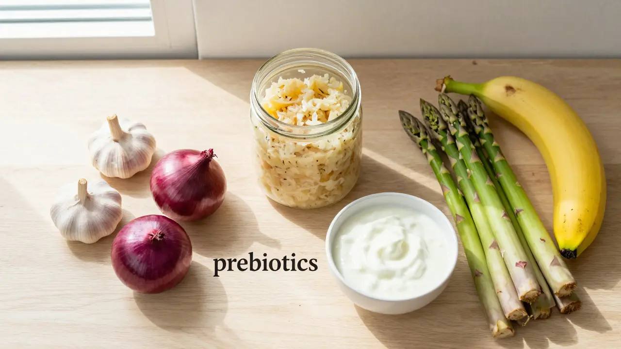 Sestava potravin bohatých na prebiotika: česnek, cibule, banán, chřest a fermentované potraviny.