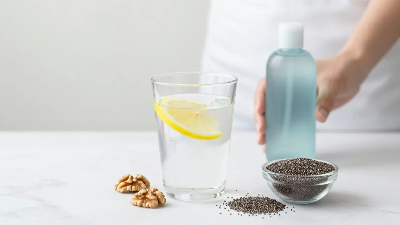 Sklenice vody, vlašské ořechy a chia semínka na bílém mramoru jako symbol zdravé stravy.