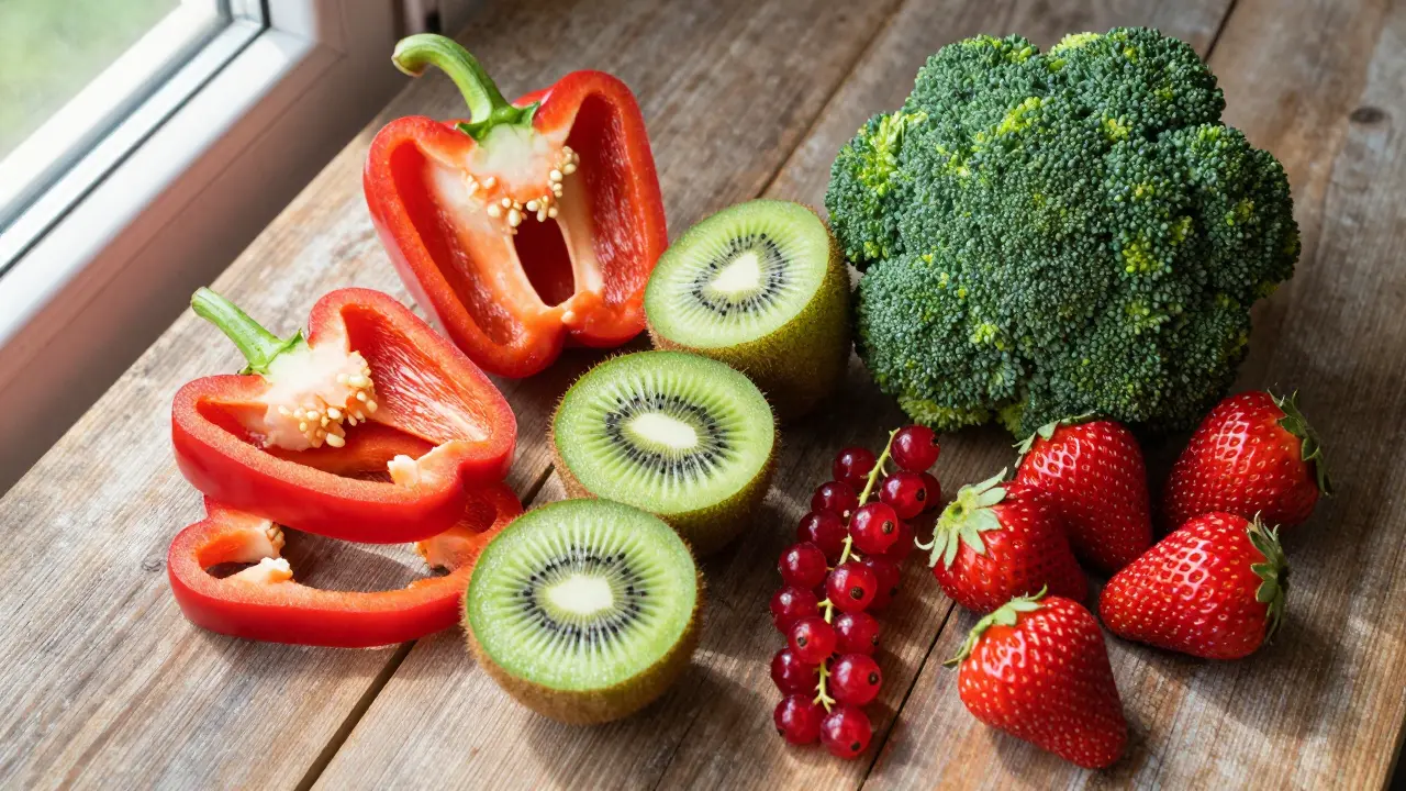 Soustředěná skupina přirozených zdrojů vitamínu C jako papriky, kiwi a bobule.