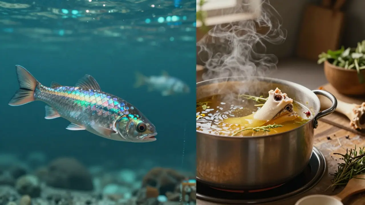 Srovnání mořského kolagenu znázorněného rybími šupinami a hovězího kolagenu v podobě kostního vývaru.