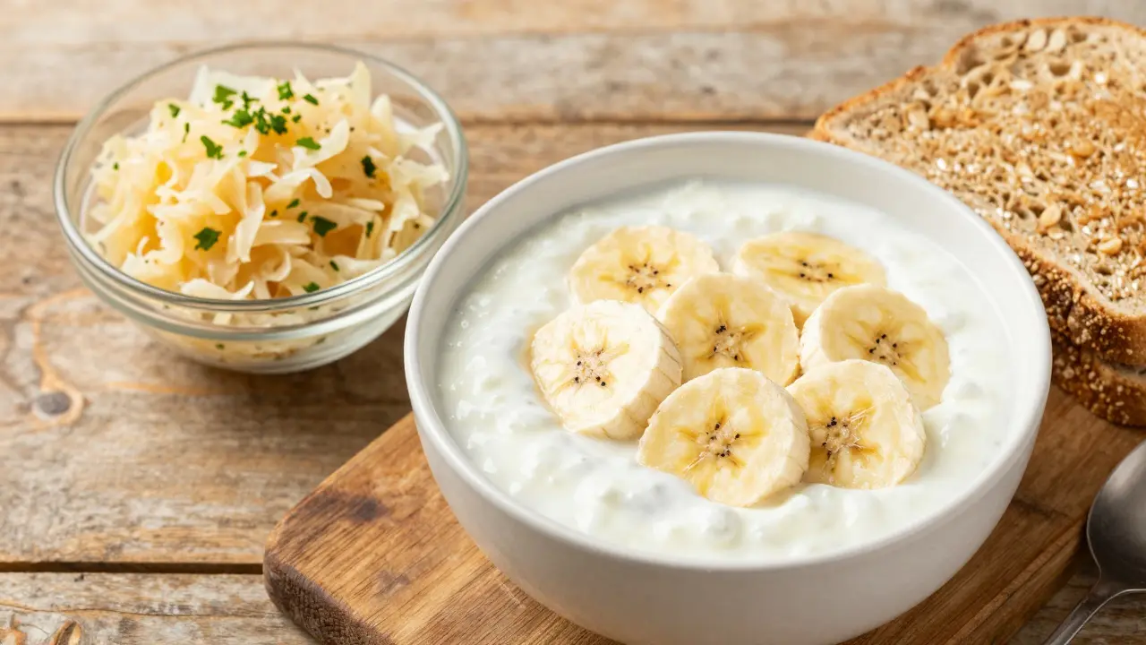 Zdravá snídaně s kefirem, banánem a kvašenou zeleninou na dřevěném stole.