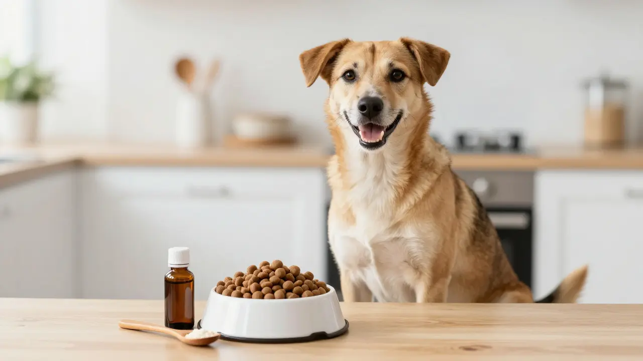 Zdravý pes vedle misky s krmivem a doplňkem stravy s probiotiky.